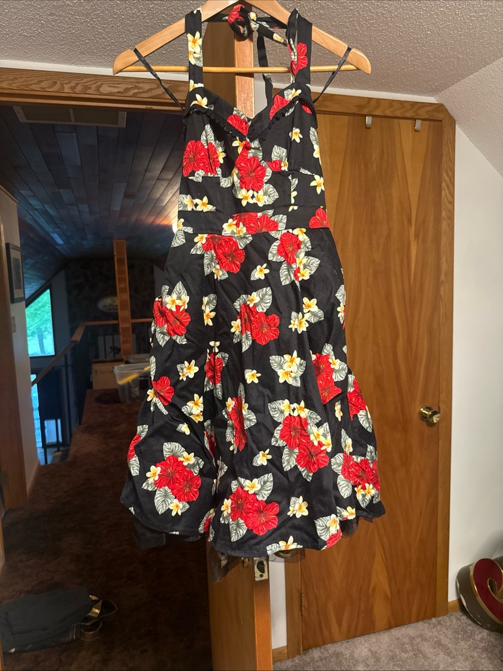 Hot Topic Halter Black Floral Sundress with Red & Yellow Hibiscus Print